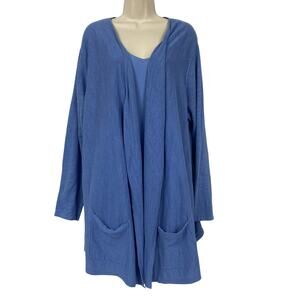 J Jill 2 Piece Tank Cardigan Set Womens XL Blue LINEN Cotton Pockets Layering